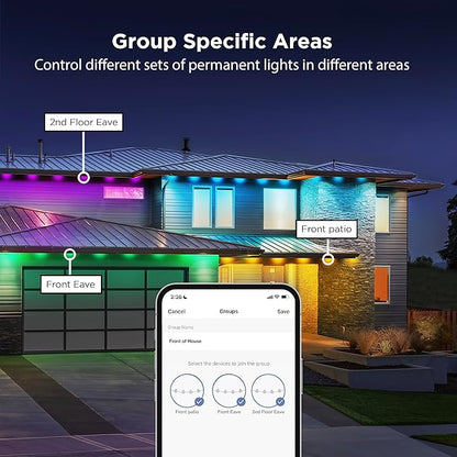 Feit Electric Permanent Outdoor Lights, Smart String Lights, 100FT LED Lights, 2.4GHz WiFi-Enabled Under Eaves Light, Works with Alexa and Google Asst, App Control, Weatherproof, SL100-60/RGBTW/AG