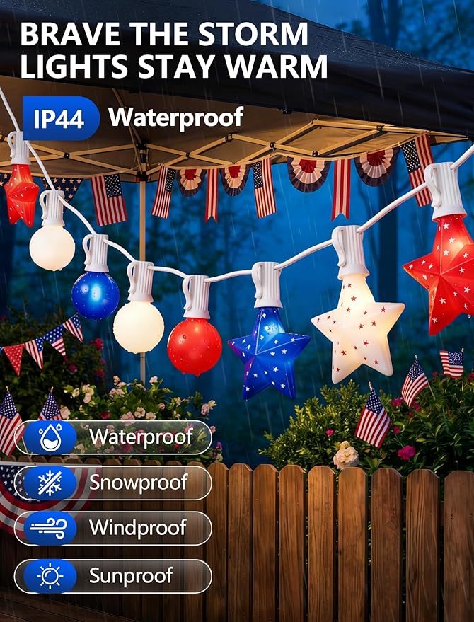 25FT Patriotic String Lights Outdoor, 25 LED Red White and Blue Star & G40 Globe String Lights, End-to-End Connectable for 4th of July Independence Day Decorations, Patriotic Anniversary, White Wire