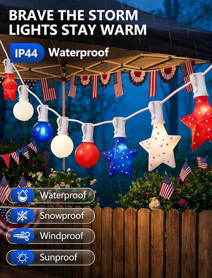 25FT Patriotic String Lights Outdoor, 25 LED Red White and Blue Star & G40 Globe String Lights, End-to-End Connectable for 4th of July Independence Day Decorations, Patriotic Anniversary, White Wire