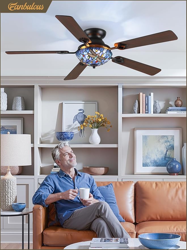 Fanbulous 52 Inch Tiffany Stained Glass Ceiling Fan,Stepless Color 24W LED, Dimmable, Remote & APP Control Quiet DC Motor Vintage Flush Mount Ceiling Fan,5 Dual-Finish Blades for Bedroom