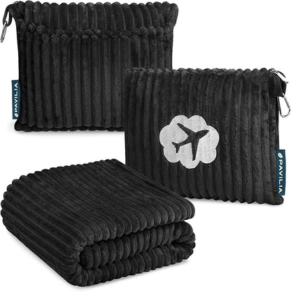 PAVILIA Travel Blanket Pillow, Airplane Blanket Set in Soft Bag with Pockets, Plane Blanket Compact Packable, Flight Essentials Car Pillow, Travelers Accessories Gifts, Luggage Strap, Black