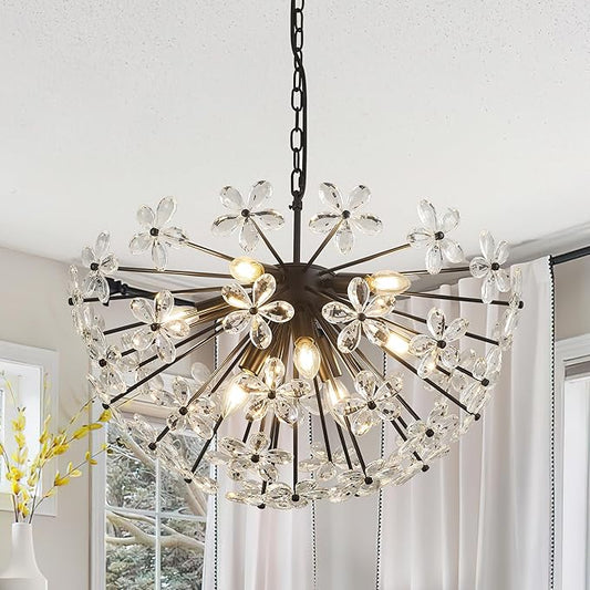24" Modern Black Crystal Sputnik Chandelier for Dining Living Room Glam Luxury Petal Semicircle Chandelier 8-Light for Foyer Hallway Elegant Pendant Ceiling Light Fixture for Kitchen Bedroom
