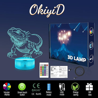 OkiyiD Bearded Dragon Night Light 3D Illusion Lamp - 16 Color Changing Remote Control, Unique Gifts for Boys Girls, Cool Bearded Dragon Lizard Tank Accessory Decor Gifts for Pet Lovers