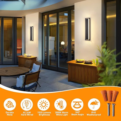 𝟐𝟒 𝐈𝐍 Porch Lights Outdoor Sconce Light,Modern Exterior Front Door Lighting Fixture,Black Led Long Outdoor Wall Light,Waterproof Outside Lights For House,Patio,Garage,24W Warm White 1 Pack