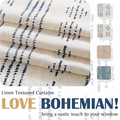 jinchan Boho Kitchen Linen Tier Curtains 30 Inch Bohemian Cafe Curtains Farmhouse Natural Striped Half Window Treatment for Bathroom RV Vintage Small Window Curtains 2 Panels Blue on Beige