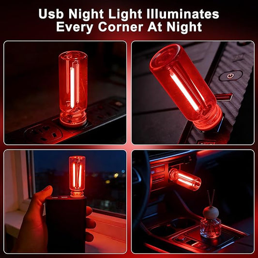 2 Packs USB Light for Car, Touch Dimmable Car Interior Ambient Lights - Portable Mini USB LED Light Bulb, Retro Glass Bottle Night Light for Vehicle, Bedroom, Hallway, Camping (Red)