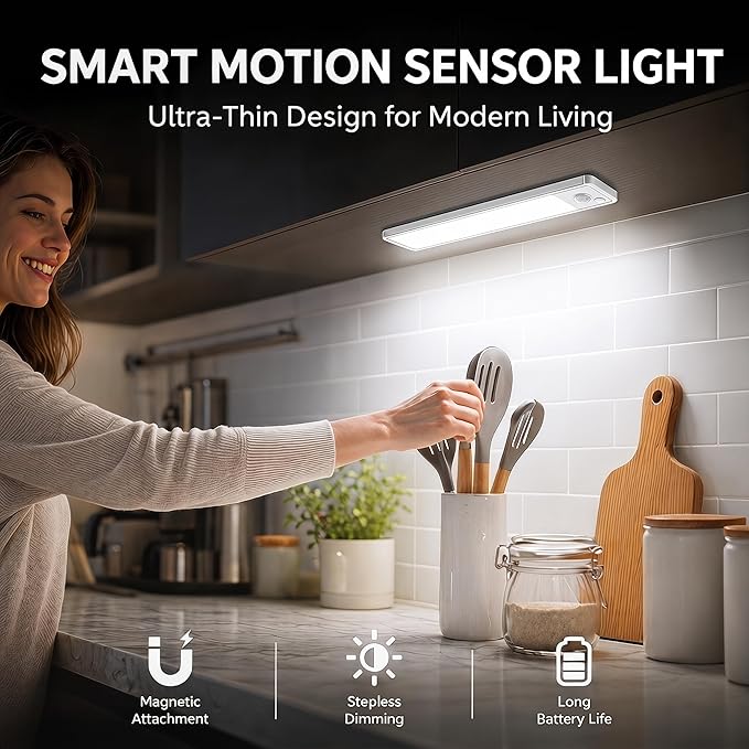 Under Cabinet Motion Sensor Lighting: 10 Inch Dimmable Rechargeable Lights Indoor - Battery Operated Lights - Undercabinet Closet Light Magnetic Led Light for Kitchen Home Bathroom Counter 5 Pack