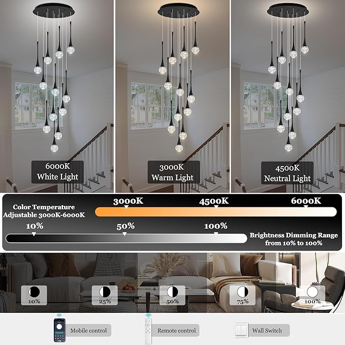 Modern Crystal Staircase Chandelier for High Ceilings, Glam LED Dimmable Pendant Light Living Room Entryway Foyer Chandelier Lighting Fixture Black 12-Lights