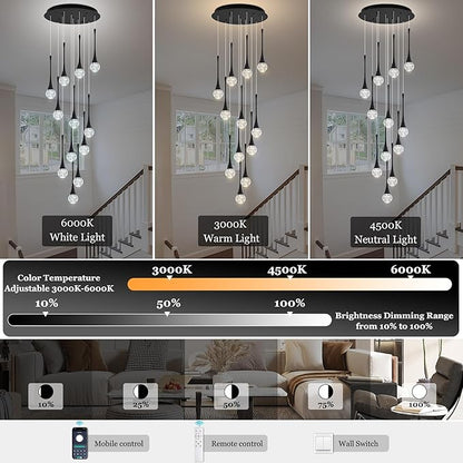 Modern Black Crystal Chandelier for High Ceiling 12-Lights, 120 Inches Luxury Spiral Dimmable LED Bubble Raindrop Pendant Lighting Fixture for Staircase Foyer Entryway Living Room