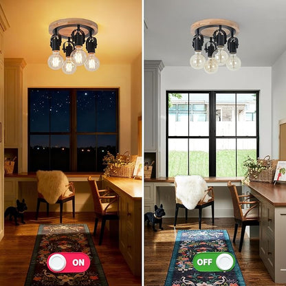 4-Light Round Flush Mount Ceiling Light，Adjustable Farmhouse Kitchen Track Light with Wood Base, Multi-Directional Dining Room Light for Island Hallway Entryway Bedroom.