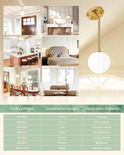 Majade Globe Pendant Lights Kitchen Island Mid Century Modern Pendant Light Fixtures 2 Pack 7.4 Inch Gold Ceiling Lighting with Milk Glass Shade Adjustable Brushed Brass Hanging Light for Dining Room
