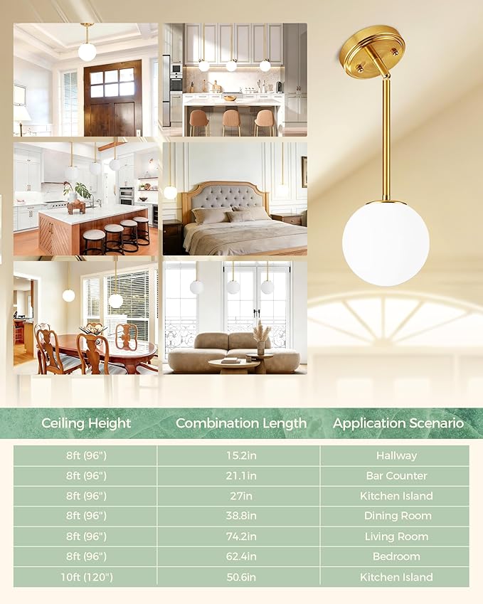 Majade 7.4" Globe Pendant Light Gold Mid Century Modern Pendant Lights Fixture Kitchen Island Lighting with Milk Glass Shade Brushed Brass Finished Adjustable Hanging Light for Dining Room
