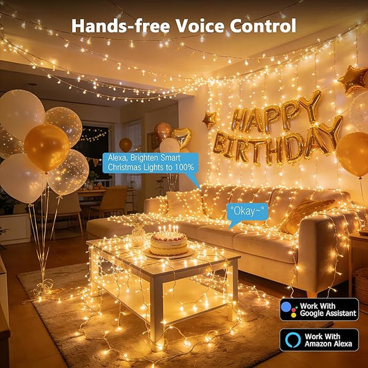 BrizLabs Smart Christmas Lights, 66FT 200 LED Christmas Lights App/Voice Control, Multiple Modes Dimmable Warm White Mini Fairy Light String, Music Sync Party Light Clear Wire for Indoor Outdoor Decor