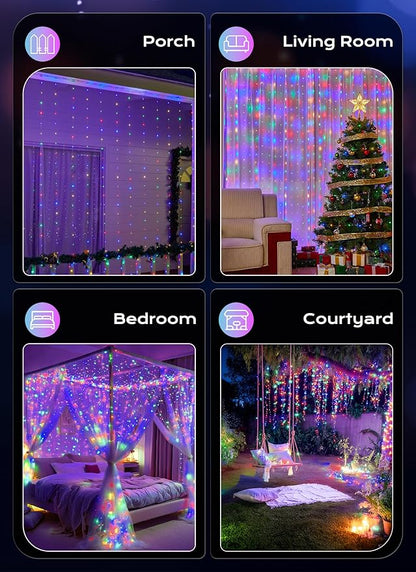 Brightown 300 LED Fairy Curtain Lights, Curtain String Lights, USB Plug in 8 Lighting Modes Christmas Decoration, Hanging Lights with Remote for Bedroom Indoor Weddings Dorm Multicolor 1 Pack