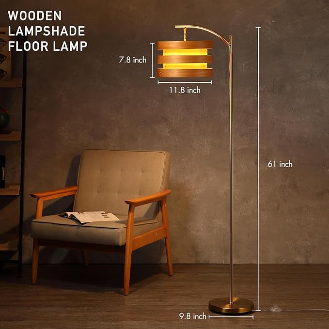 O’Bright Strata Wooden Floor Lamp - Mid Century Modern Standing Lamp with Layered Wood Shade, Tall Reading Lamp for Living Room, Bedroom, Office, Antique Brass, Light Oak, Horizon Shade