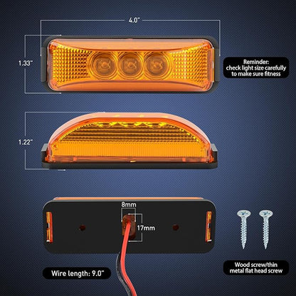 Nilight 2PCS 3.9 Inch Front Rear Side Marker Lights 3 LED Amber Clearance Indicator Lamp Waterproof Sealed Surface Mounted for 12V Truck Trailer Camper RV