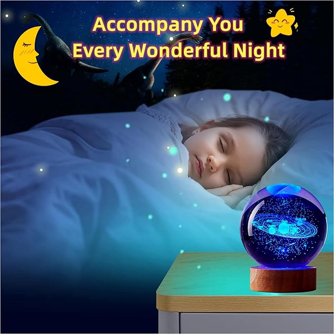 3.15 inch Solar System Crystal Ball lamp,3D K9 Crystal Ball Night Light with Wooden Base,16 Colors Change with Remote Control,Galaxy Light,Birthday Gift for Friends (Solar System)