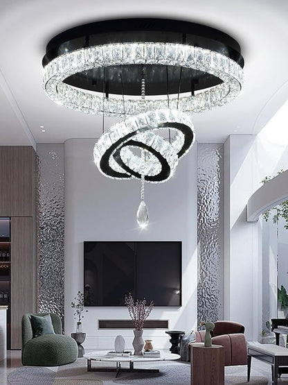 Flashing God Dia 32'' Modern Chandeliers for Living Room Crystal Flush Mount Ceiling Chandelier Large Chandeliers for Dining Room Bedroom LED Dimmable 3000-6000K Black