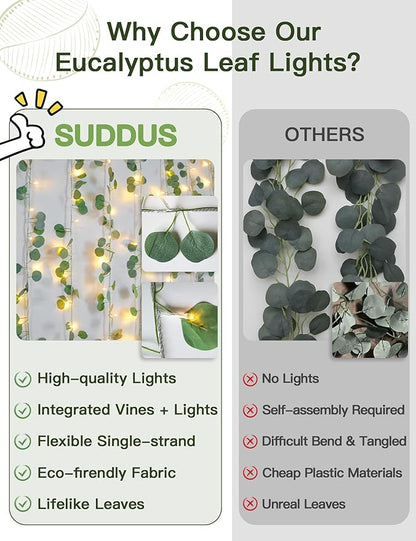 suddus Vines with Lights Plug in, 33ft 100 LED Eucalyptus Garland String Light Connectable with Remote, Leaf Lights for Bedroom, Room, Wall, Garden, Party, Wedding Dorm Decor (Warm White)