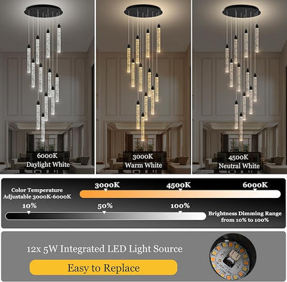 Crystal Staircase Chandelier, Modern Black Large Spiral Dimmable LED Cluster Raindrop Foyer Chandelier Lighting, Bubble Living Room Hanging Light Fixture 12 Light Remote Control