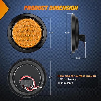 Nilight 4Inch Round Trailer Tail Light 2PCS 24LED Amber Turn Signals Lights w/Flush Mount Grommets Plugs IP67 Waterproof for 12V Truck Bus RV Camper ATV UTV