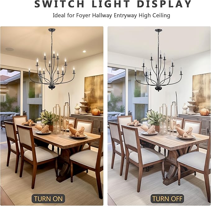Black Chandelier 12 Light, Large Modern Farmhouse Chandeliers for Dining Room, Industrial Candle Pendant Lighting Fixture for Foyer Hallway Entryway High Ceiling, Bedroom, Living Room, Kitchen E12