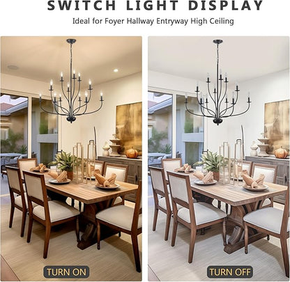 Black Chandelier 12 Light, Large Modern Farmhouse Chandeliers for Dining Room, Industrial Candle Pendant Lighting Fixture for Foyer Hallway Entryway High Ceiling, Bedroom, Living Room, Kitchen E12