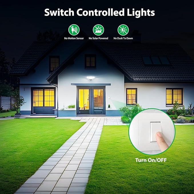 iMaihom 65W 6500LM LED Outdoor Flood Light, Switch Controlled Outdoor Security Light, 3 Adjustable Heads, IP65 Waterproof, 6500K Daylight White, Hardwired Wall Mount Light for Garage Yard Patio, Black