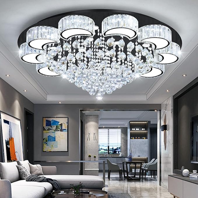 40" Black Modern Crystal Chandeliers for Dining Room LED Dimmable Light Fixtures Flush Mount Light Living Room Bedrooms