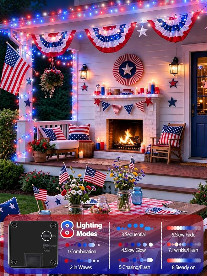 4th of July Decorations Outdoor, 4pk Red White and Blue Solar String Lights, 8 Modes 400LED 132FT Solar Fairy Twinkle Lights Waterproof for Independence Day Garden Tree 250 Anniversary USA Decoration