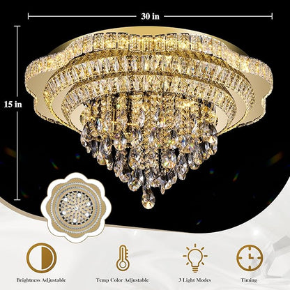 30" Gold Crystal LED Ceiling Light Fixture with Remote Control,Large Flush Mount Chandelier with 3-Color Dimmable for Living Room Bedroom Dining Room