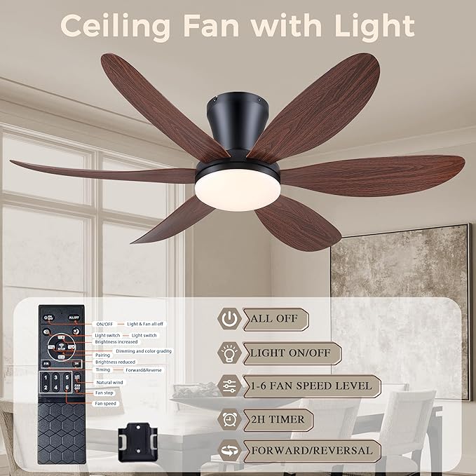 GJeg Ceiling Fans with Lights,42" Flush Mount Ceiling Fan with Light and Remote Control,Low Profile, Reversible, Dimmable, Noiseless, Black Ceiling Fan for Bedroom