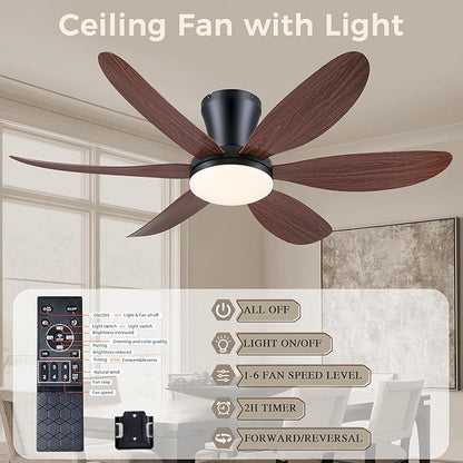 GJeg Ceiling Fans with Lights,42" Flush Mount Ceiling Fan with Light and Remote Control,Low Profile, Reversible, Dimmable, Noiseless, Black Ceiling Fan for Bedroom