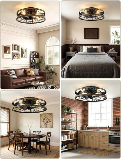 20" Caged Ceiling Fans with Lights and Remote, Flush Mount Low Profile Rustic Small Fandelier, Enclosed Indoor Ceiling Fan for Bedroom Kitchen Farmhouse, 6 Speed, Quiet DC Motor, Timer, Black Gold