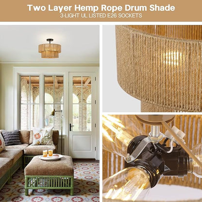 15.7'' Boho Light Fixtures Ceiling Mount, Coastal Hemp rope Semi Flush Mount Ceiling Light Fixture,3-Light Rattan Light Fixtures With 2-Tier Drum Shade, Farmhouse Chandelier Bedroom Ceiling Lamp