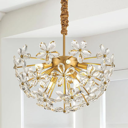 17" Modern Gold Crystal Sputnik Chandelier for Dining Living Room Glam Luxury Petal Hemisphere Chandelier 7-Light for Foyer Hallway Elegant Pendant Ceiling Light Fixtures for Kitchen Bedroom