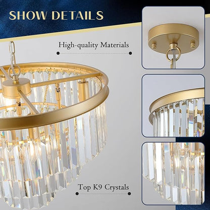 Gold Crystal Chandeliers Modern Round 20" Chandelier 7 Lights Ceiling Pendant Light Fixture Luxury 3-Tier K9 Crystal Lighting for Living Room Dining Room Bedroom Kitchen Foyer