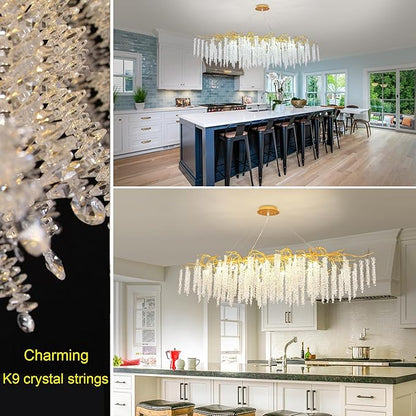 Crystal Tree Branch Chandelier L63 Inch Luxury Rectangular Crystal Raindrop Pendant Light 16 Lights Kitchen Island Hanging Light Fixture for Living Room Dining Room Foyer Entryway Gold