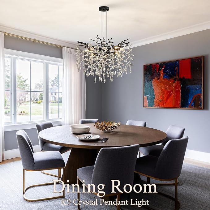 Benkut Black Tree Branch Crystal Chandelier 23.6" Modern Crystal Raindrop Chandeliers 8-Light Luxury Brach Chandelier for Dining Room Kitchen Bedroom Living Room