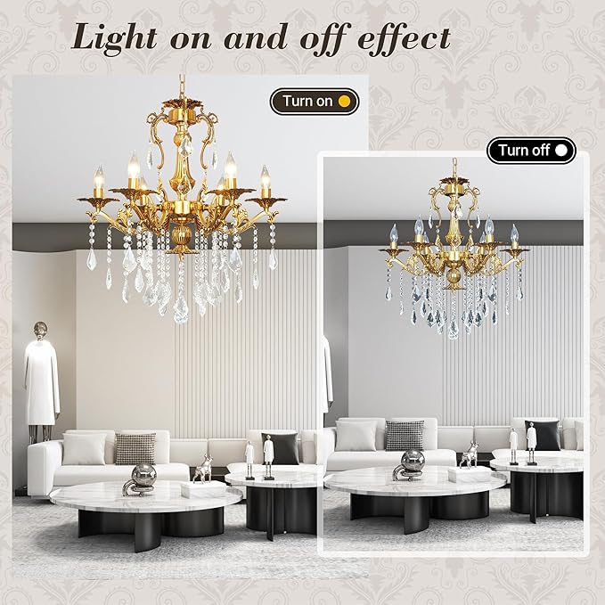 Luxury Copper Crystal Chandelier, 24" Vintage K9 Crystal Pendant Light with 6 Lights, Antique Brass Finish Ceiling Light Fixture with Scrolled Arms for Dining Room Living Room Foyer Villa Hotel