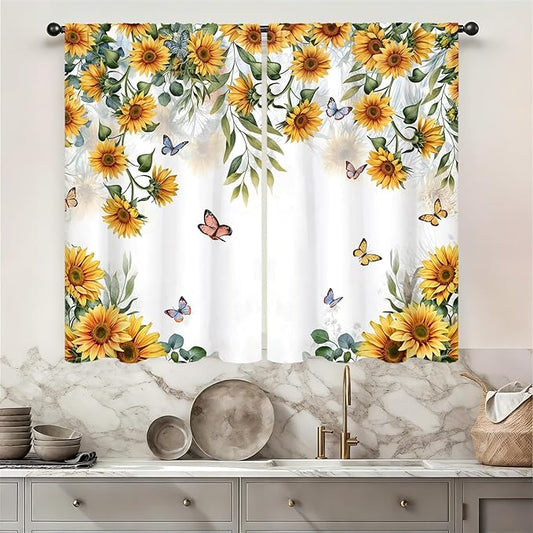 Yellow Sunflower Country Kitchen Curtain 27.5W X 39L Inch 2 Panel Rod Pocket Rustic Floral Flower Butterfly Farmhouse Over Sink Set Small Short Cafe Tier Window Drapes Bathroom Home Decor