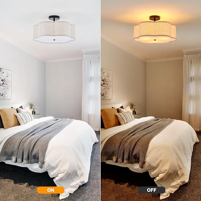 18" Semi Flush Mount Ceiling Light 3-Light Modern Linen Drum Ceiling Lighting with Black Finish, Vintage Ceiling Light for Living Room, Kitchen, Basement, Laundry Room, Bedroom