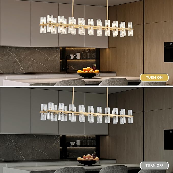 Gold Rectangular Crystal Chandelier for Dining Room, 53 in Light Fixture Chandelier Over Table, Modern Crystal Chandelier Pendant Light for Kitchen Island Living Room