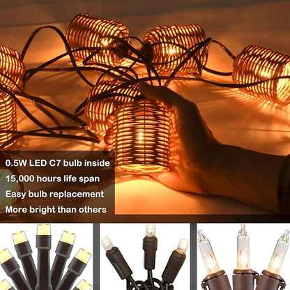 Natural Rattan String Lights, 10 Rustic Raffia Cage, 13 Ft Plug in & Connectable Wicker Lights,Natural Color Rattan
