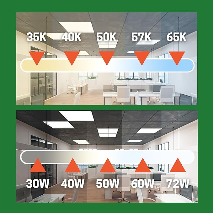 E2 LIGHTING 2x4 LED Flat Panel Light, 5 CCT Tunable 35-65K, 5 Wattage Adjustable 30-72W, 0-10V Dimming, 4 Pack |