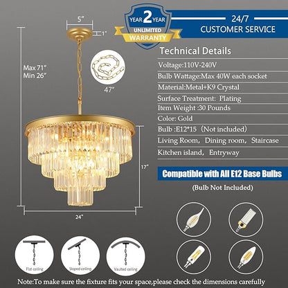 Crystal Chandeliers for Dining Room Lights Fixture Over Table, 15 Lights Gold Modern Chandeliers for Living Room, 4-Tier Round Crystal Lighting Fixtures for Bedroom Entryway Kitchen Island D24 Inch