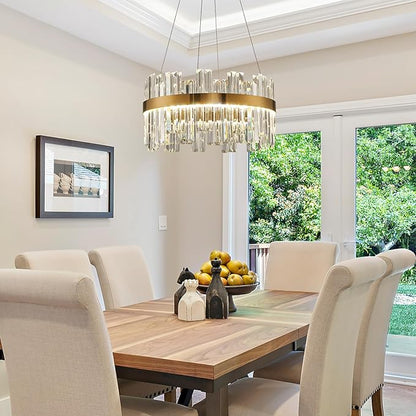 19.7'' Dimmable Modern LED Crystal Chandeliers,Gold Chandelier Light Fixture, 3 Colors Contemporary Pendant Ceiling Light for Dining Room Living Room Kitchen Island Entryway Foyer ,With Remote Control