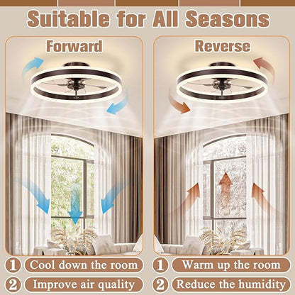 VOLISUN Low Profile Ceiling Fans with Lights and Remote, 19.7in Flush Mount Ceiling Fans with Light, 3000K-6500K Dimmable Fandelier LED Fan Light, Brown Bladeless Ceiling Fans with Lights for Bedroom