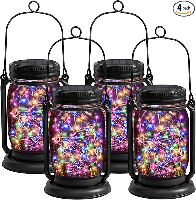 4 Pack Hanging Solar Lantern Lights, 30LED Vintage Glass Mason Jar Solar Fairy Lights Outdoor Decorative Waterproof Table Light with Stakes for Patio Yard Lawn Tree