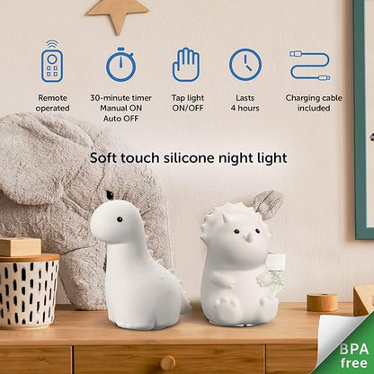 GLOBE Electric 13360 6" Triceratops and 9" Brontosaurus Giggling Dinosaur Duo Multicolor Changing Integrated LED Rechargeable Silicone Night Light, White, Table Lamps for Living Room, Bedroom, Den